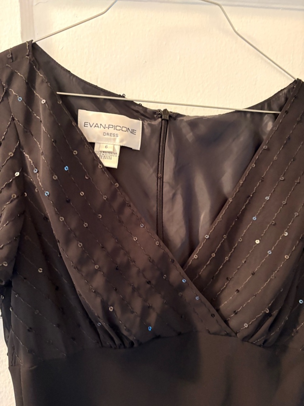 Evan Picone Black Sequin V-Neck Dress - Picture 3 of 9